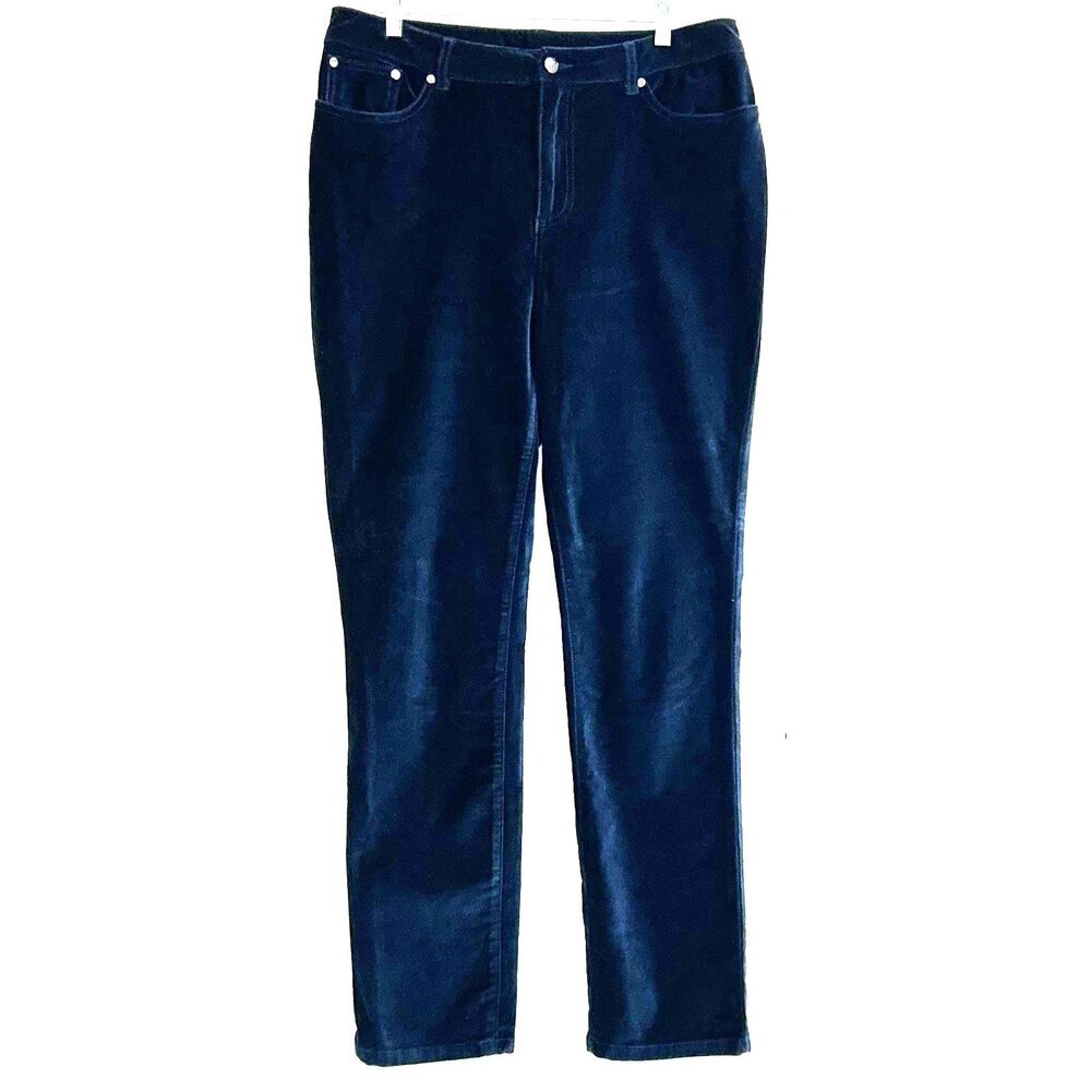 Diane Gilman DG2 Velour Pants Women's Size 12 Tall Stretch Straight Navy Blue